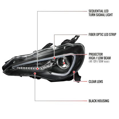 2012-2017 Toyota 86 Scion FR-S LED Bar Projector Headlights w/ Sequential Turn Signal Lights (Matte Black Housing/Clear Lens)