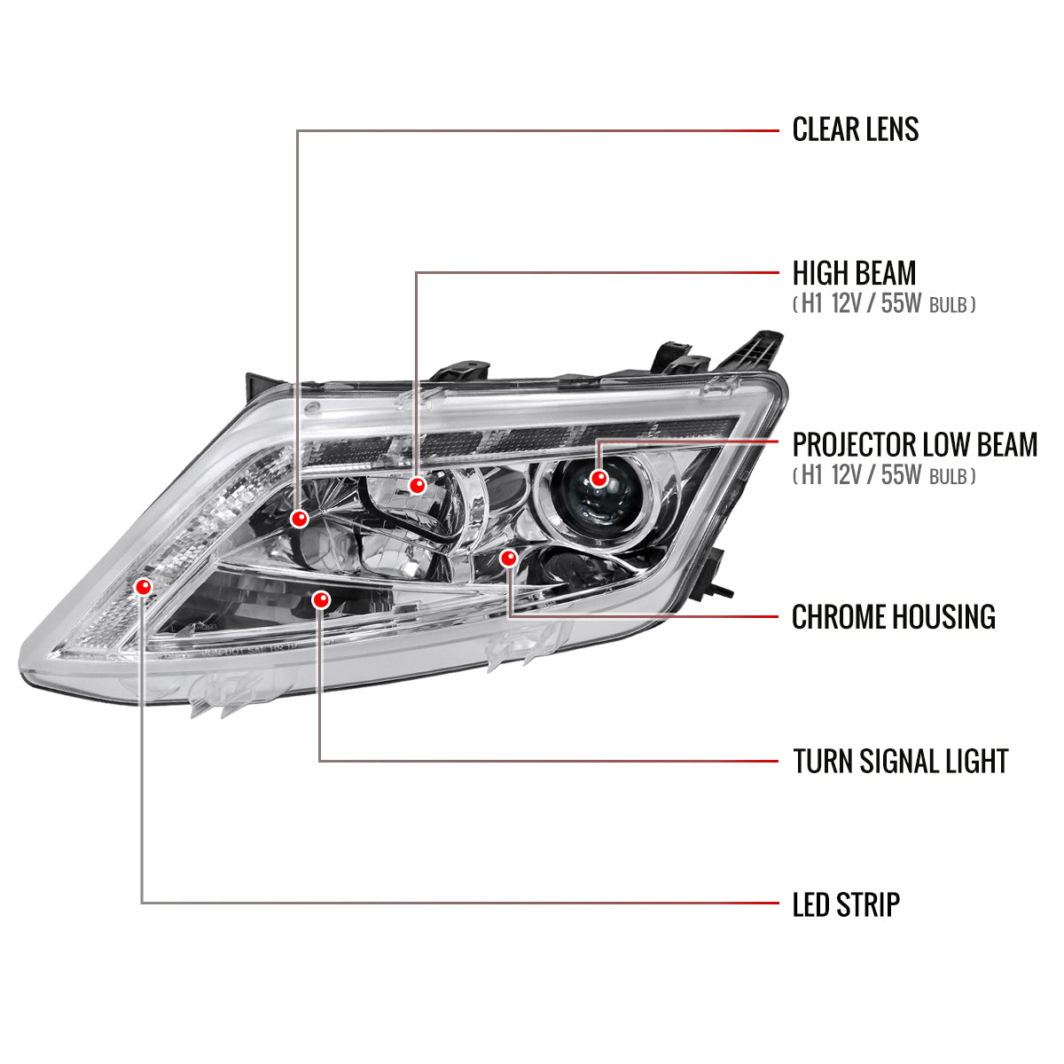 2010-2012 Ford Fusion Projector Headlights w/ LED Light Strip (Chrome Housing/Clear Lens)