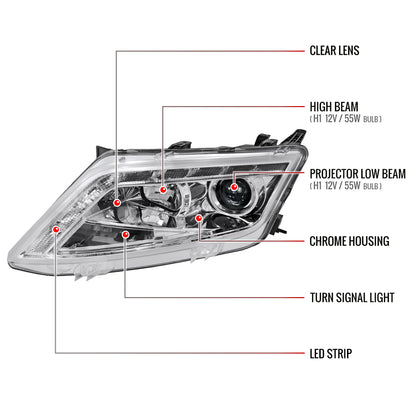 2010-2012 Ford Fusion Projector Headlights w/ LED Light Strip (Chrome Housing/Clear Lens)