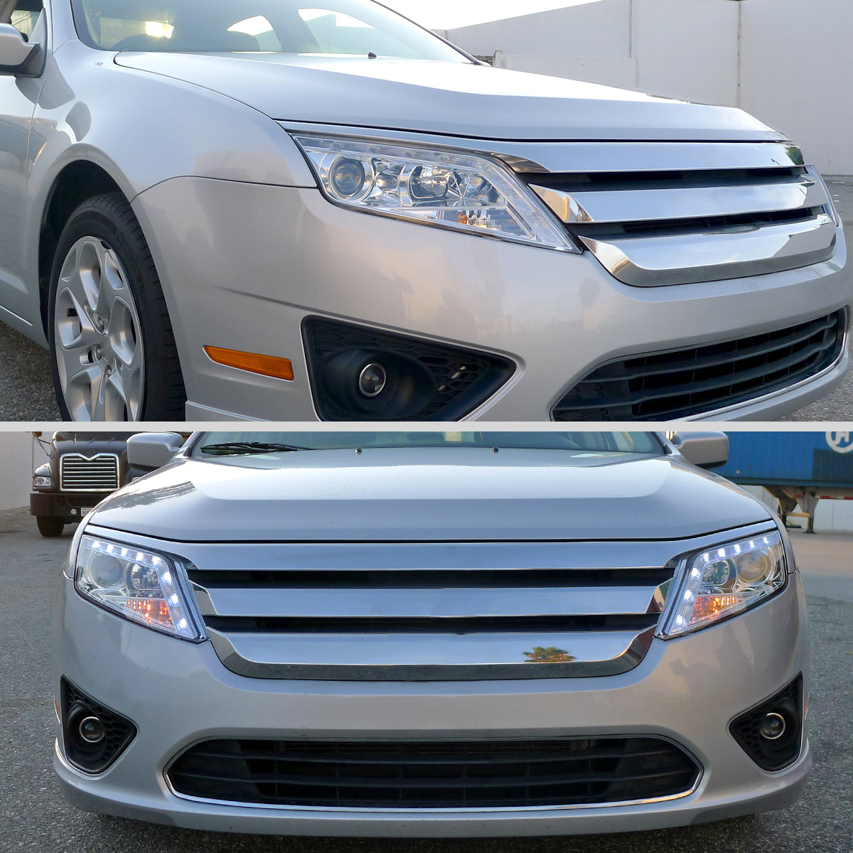 2010-2012 Ford Fusion Projector Headlights w/ LED Light Strip (Chrome Housing/Clear Lens)