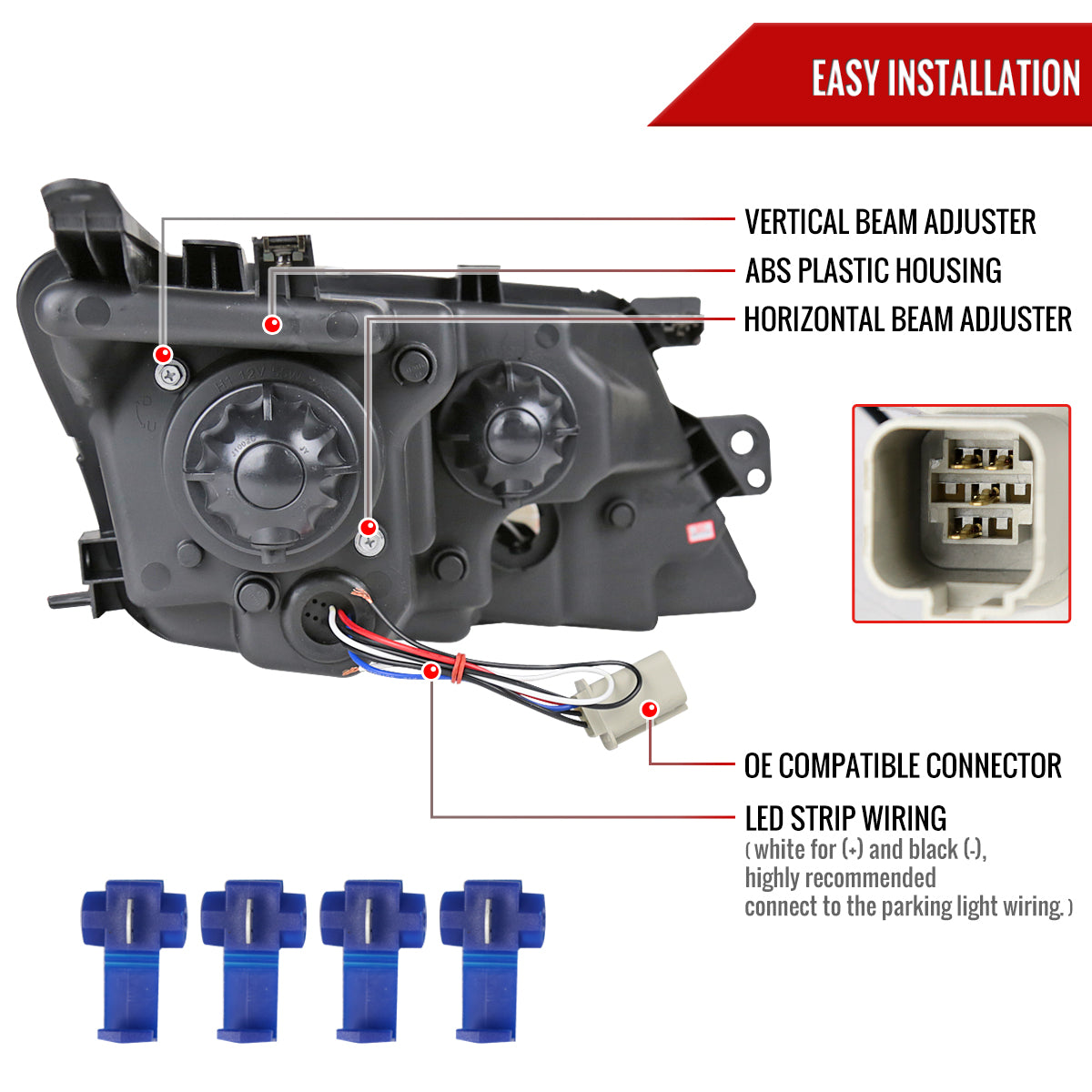 2010-2012 Ford Fusion Projector Headlights w/ LED Light Strip (Glossy Black Housing/Smoked Lens)