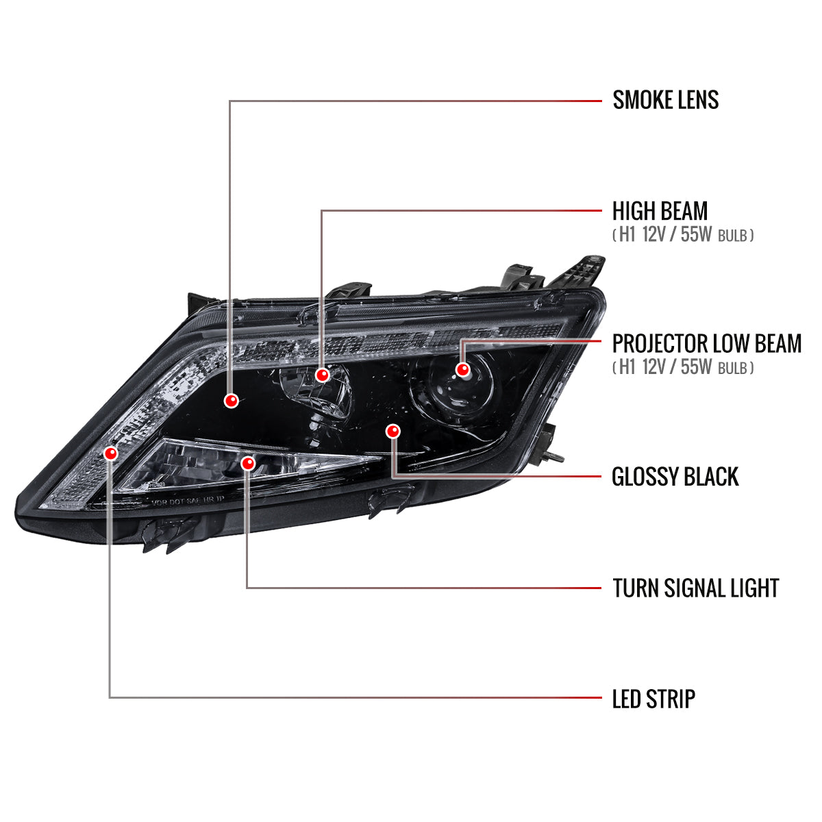 2010-2012 Ford Fusion Projector Headlights w/ LED Light Strip (Glossy Black Housing/Smoked Lens)