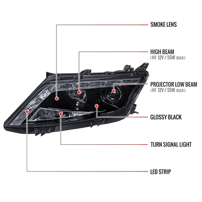 2010-2012 Ford Fusion Projector Headlights w/ LED Light Strip (Glossy Black Housing/Smoked Lens)