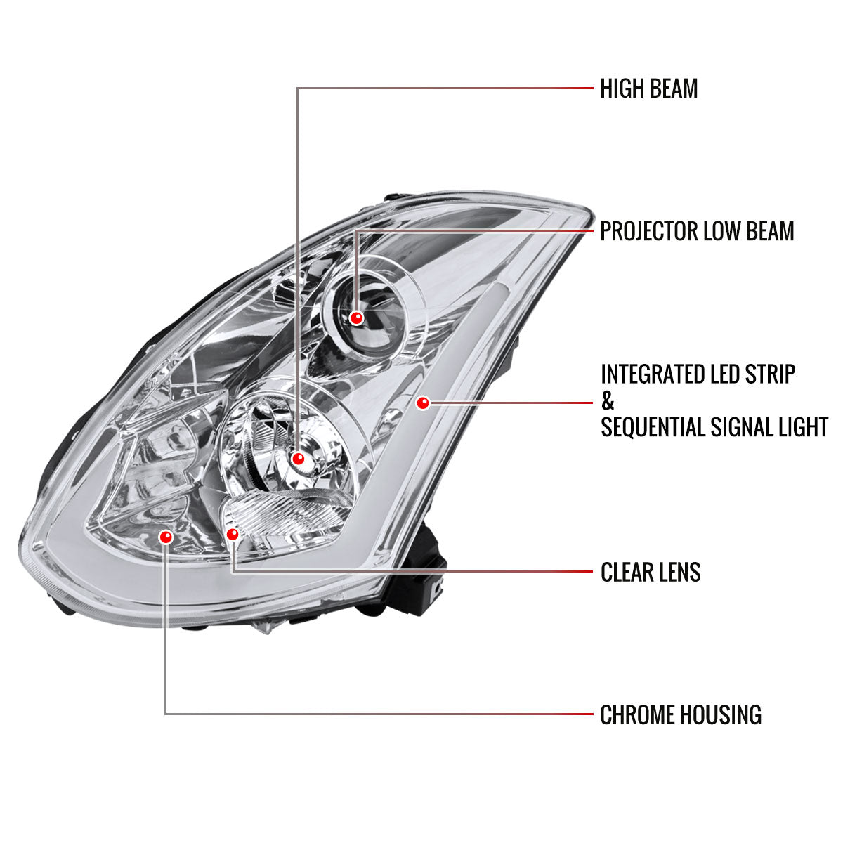 2003-2007 Infiniti G35 Coupe LED Bar Projector Headlights w/ Sequential Turn Signals (Chrome Housing / Clear Lens)