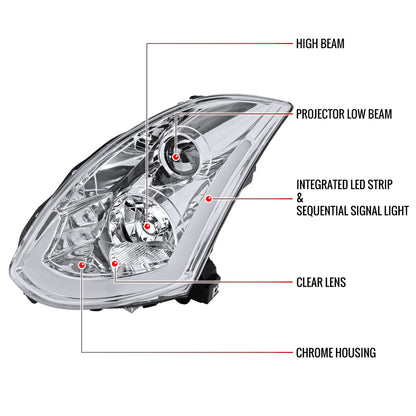 2003-2007 Infiniti G35 Coupe LED Bar Projector Headlights w/ Sequential Turn Signals (Chrome Housing / Clear Lens)