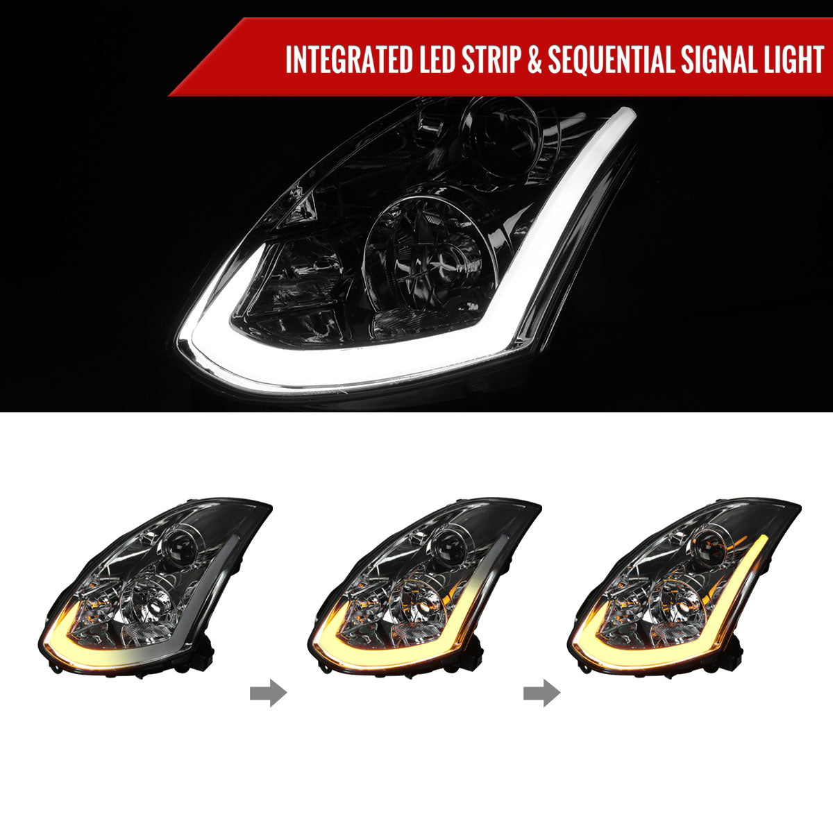 2003-2007 Infiniti G35 Coupe LED Bar Projector Headlights w/ Sequential Turn Signals (Chrome Housing / Smoked Lens)