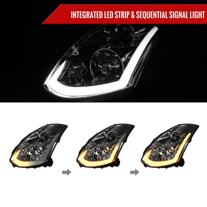 2003-2007 Infiniti G35 Coupe LED Bar Projector Headlights w/ Sequential Turn Signals (Chrome Housing / Smoked Lens)