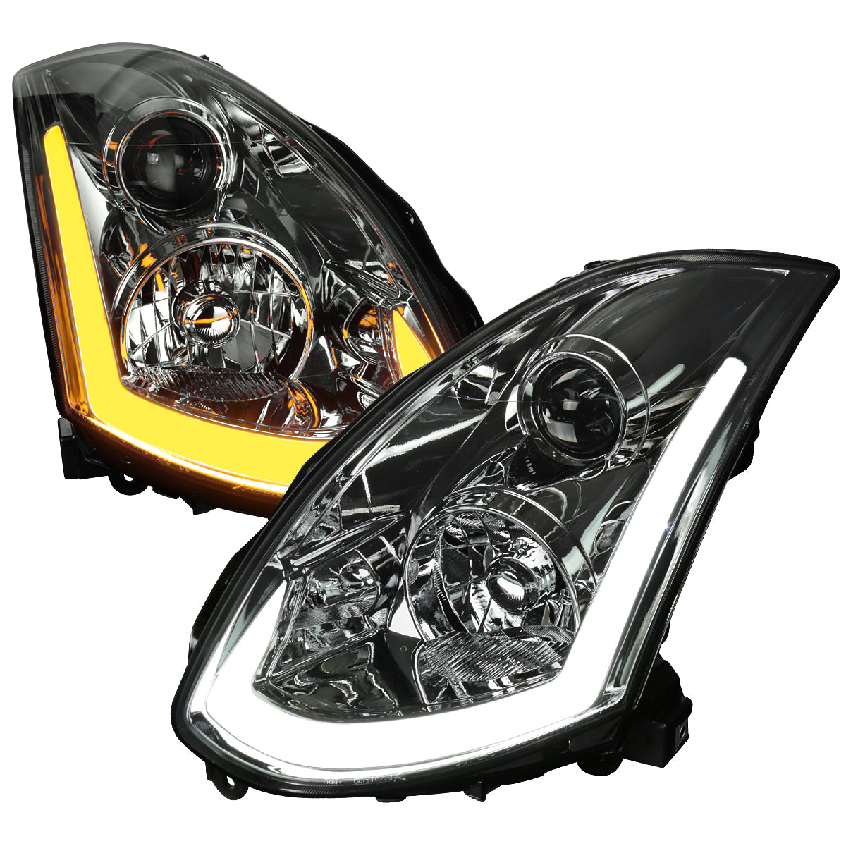 2003-2007 Infiniti G35 Coupe LED Bar Projector Headlights w/ Sequential Turn Signals (Chrome Housing / Smoked Lens)
