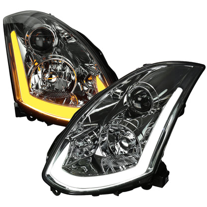 2003-2007 Infiniti G35 Coupe LED Bar Projector Headlights w/ Sequential Turn Signals (Chrome Housing / Smoked Lens)