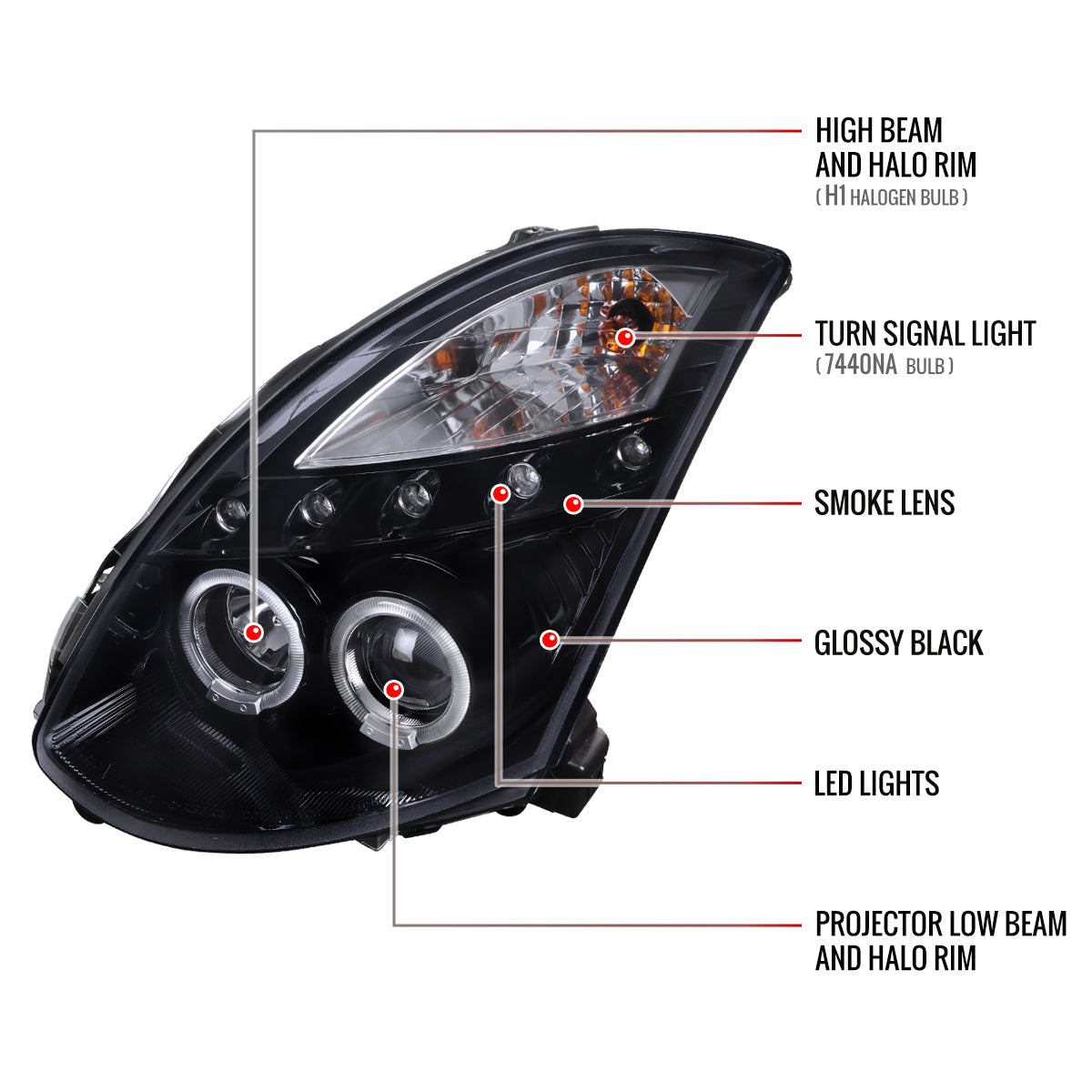 2003-2007 Infiniti G35 Coupe Dual Halo Projector Headlights (Glossy Black Housing / Smoked Lens)