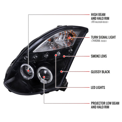 2003-2007 Infiniti G35 Coupe Dual Halo Projector Headlights (Glossy Black Housing / Smoked Lens)