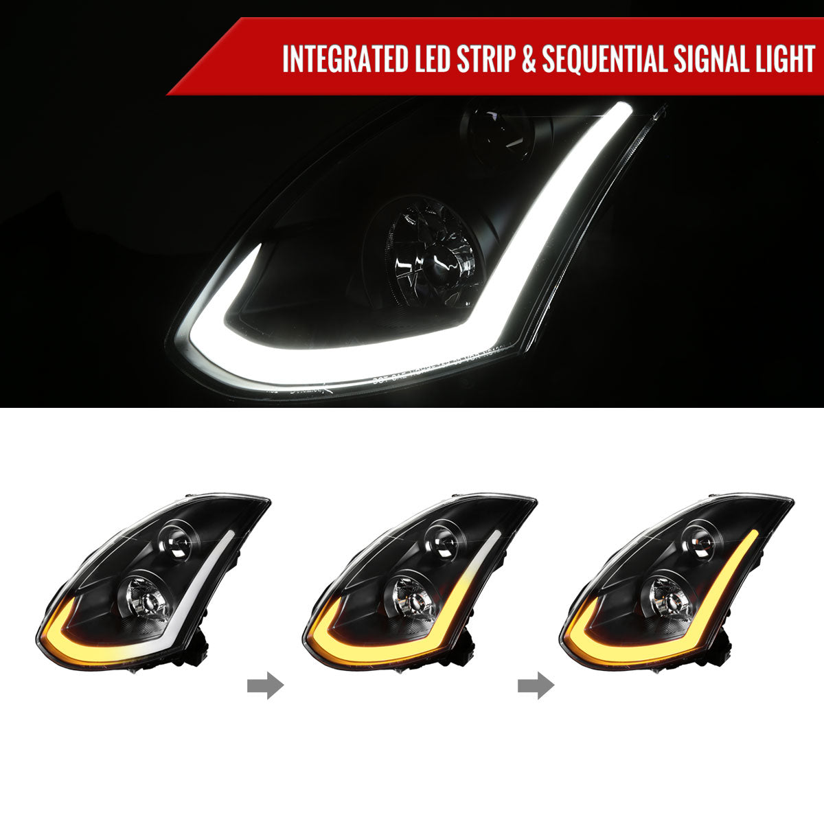 2003-2007 Infiniti G35 Coupe LED Bar Projector Headlights w/ Sequential Turn Signals (Matte Black Housing / Clear Lens)