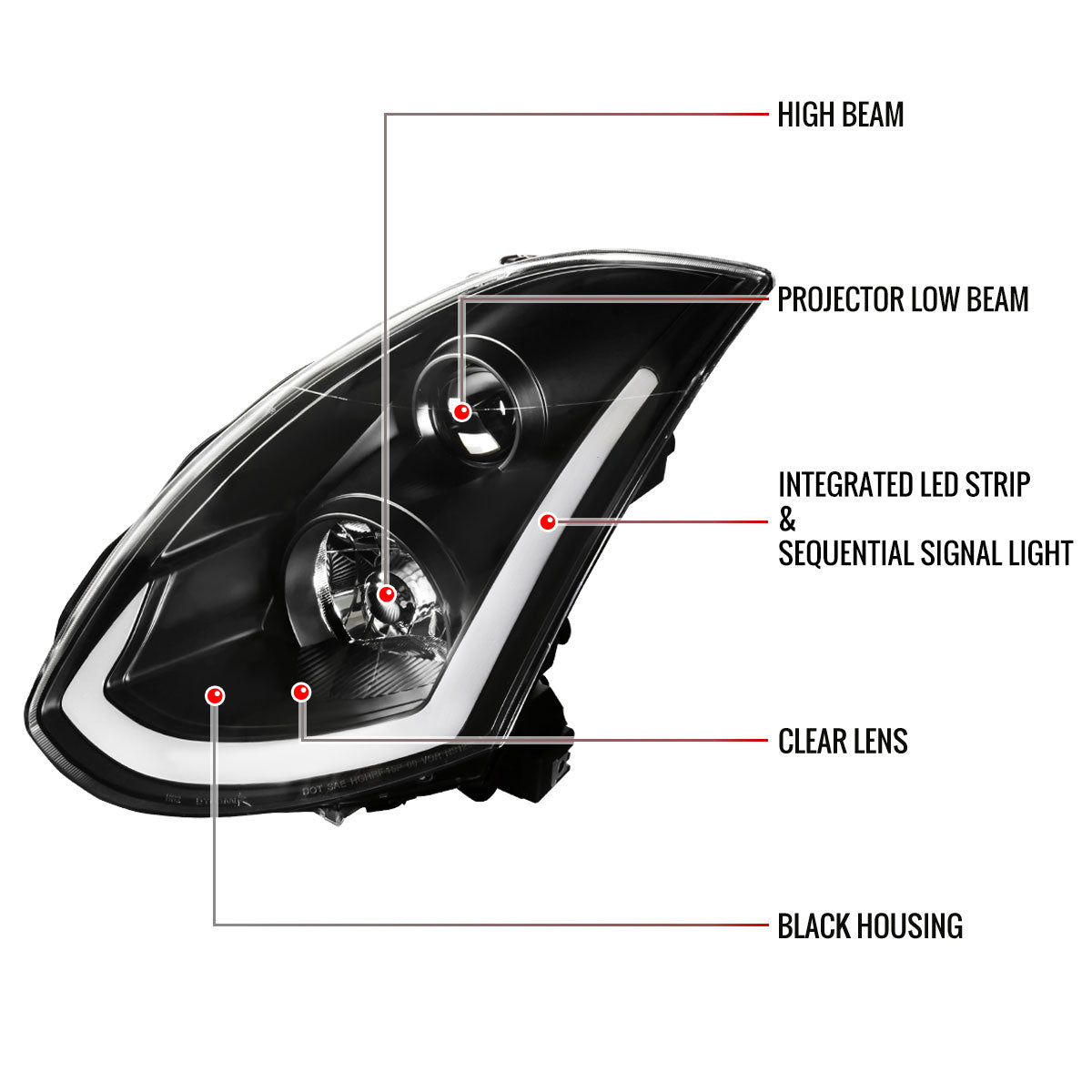 2003-2007 Infiniti G35 Coupe LED Bar Projector Headlights w/ Sequential Turn Signals (Matte Black Housing / Clear Lens)