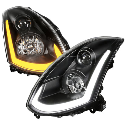 2003-2007 Infiniti G35 Coupe LED Bar Projector Headlights w/ Sequential Turn Signals (Matte Black Housing / Clear Lens)