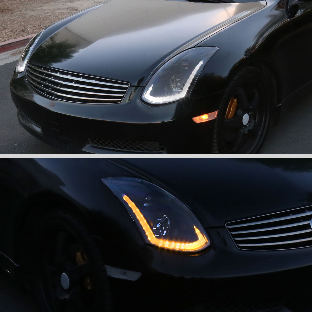 2003-2007 Infiniti G35 Coupe LED Bar Projector Headlights w/ Sequential Turn Signals (Black Housing / Smoked Lens)