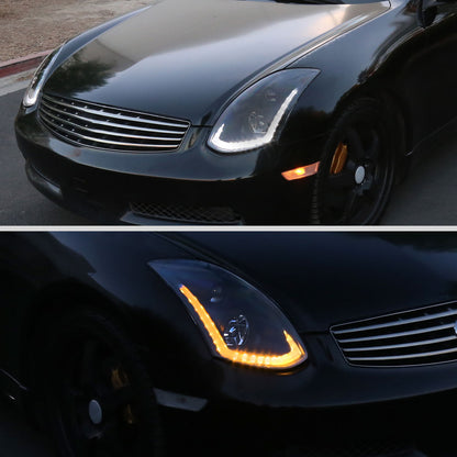 2003-2007 Infiniti G35 Coupe LED Bar Projector Headlights w/ Sequential Turn Signals (Black Housing / Smoked Lens)