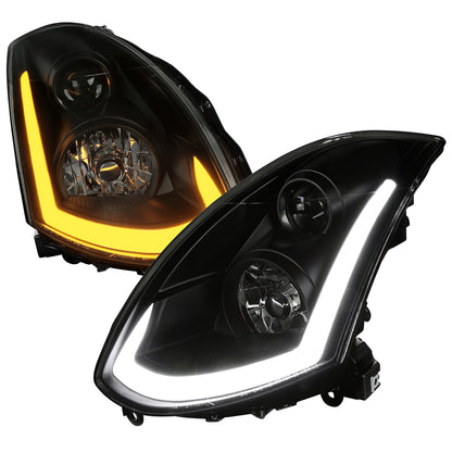 2003-2007 Infiniti G35 Coupe LED Bar Projector Headlights w/ Sequential Turn Signals (Black Housing / Smoked Lens)