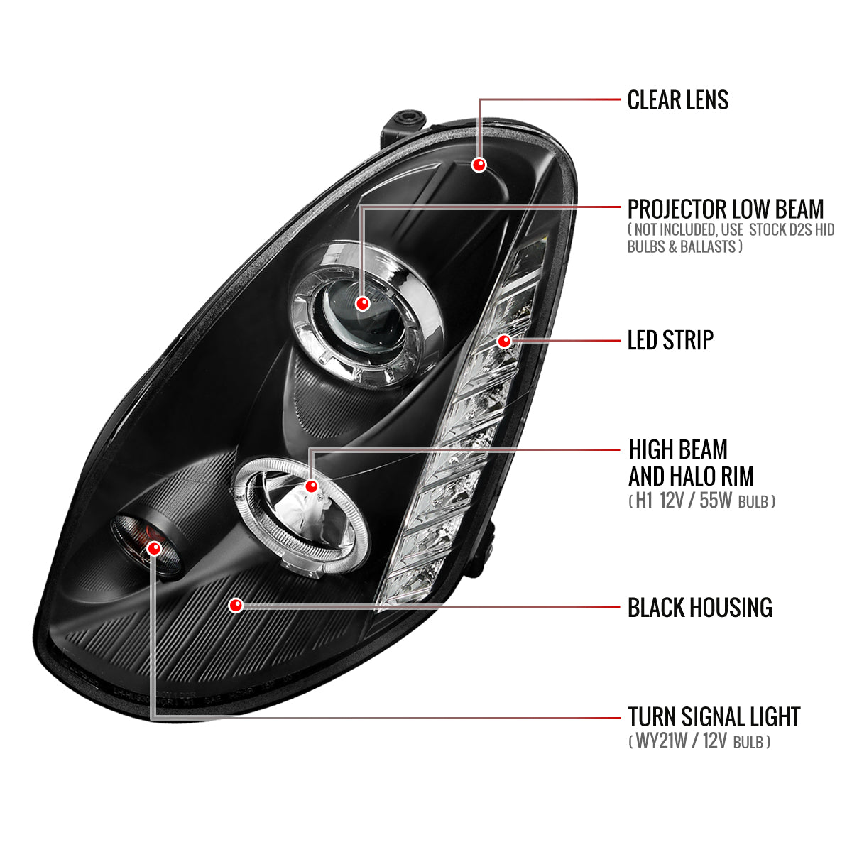 2005-2006 Infiniti G35 Sedan Halo Projector Headlights w/ SMD LED Light Strip (Matte Black Housing/Clear Lens)