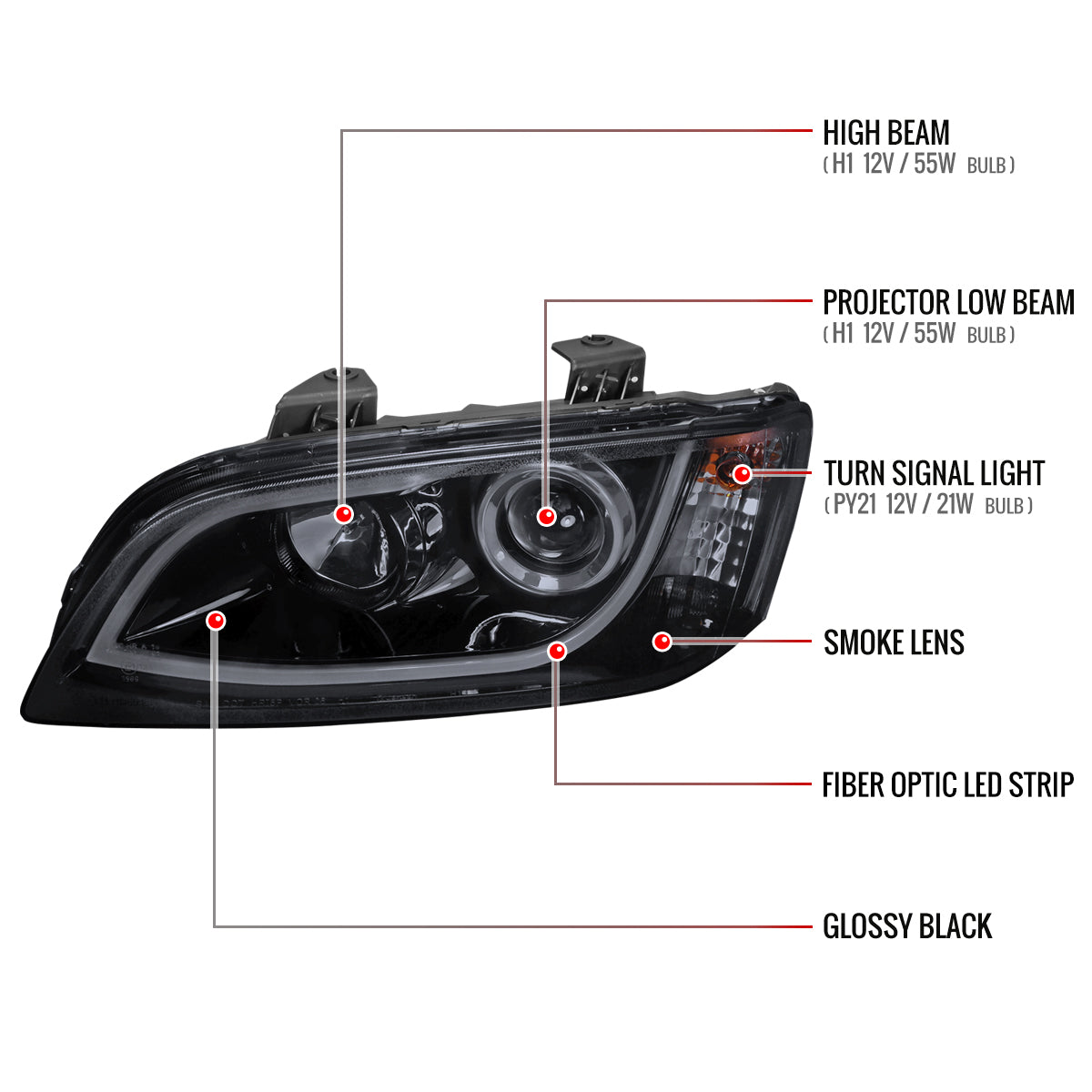 2008-2009 Pontiac G8 LED Bar Projector Headlights (Glossy Black Housing/Smoked Lens)