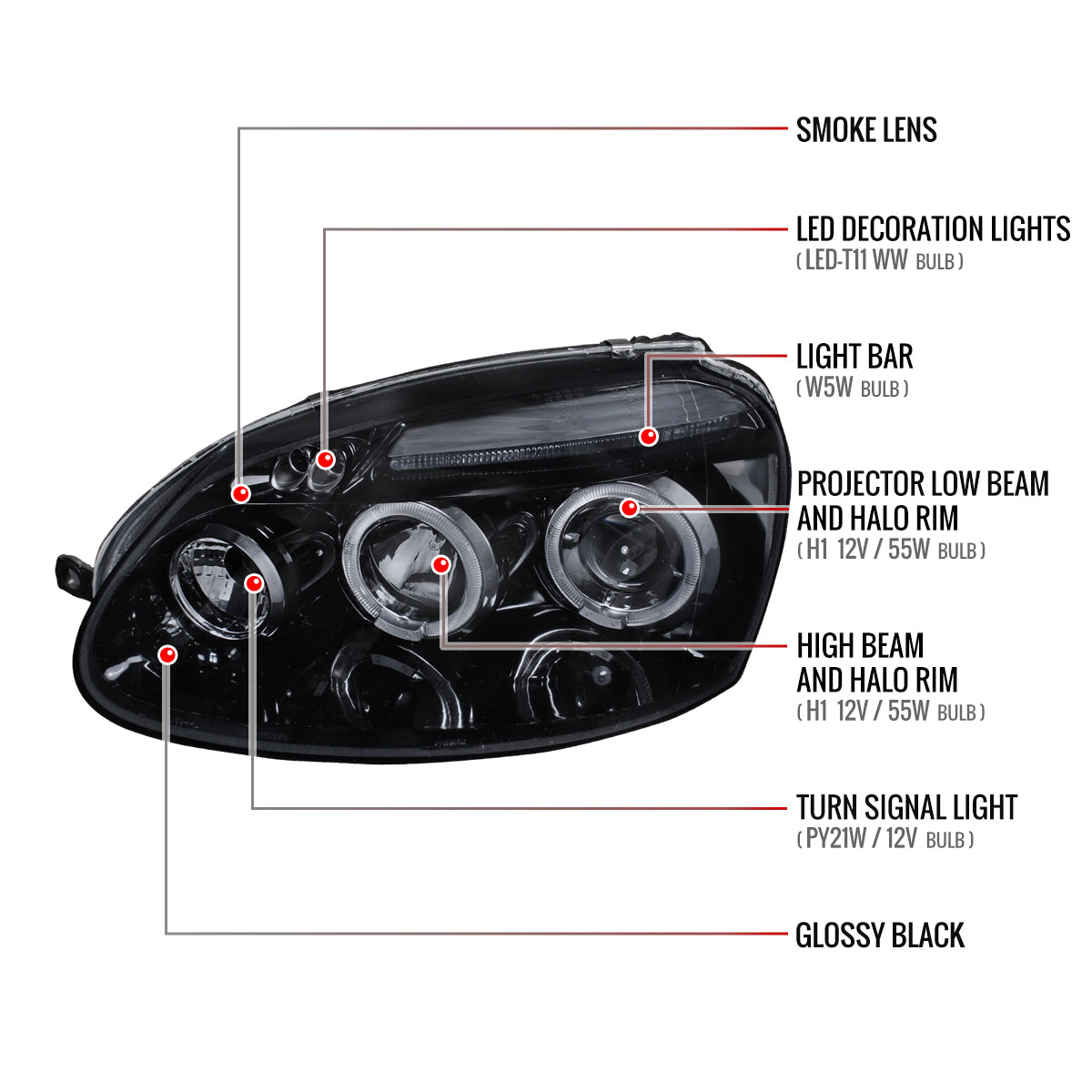 2006-2008 Volkswagen Golf Rabbit/ 2006-2010 Jetta Dual Halo Projector Headlights (Glossy Black Housing/Smoked Lens)