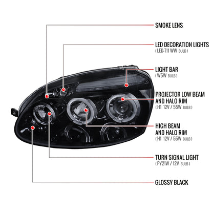 2006-2008 Volkswagen Golf Rabbit/ 2006-2010 Jetta Dual Halo Projector Headlights (Glossy Black Housing/Smoked Lens)