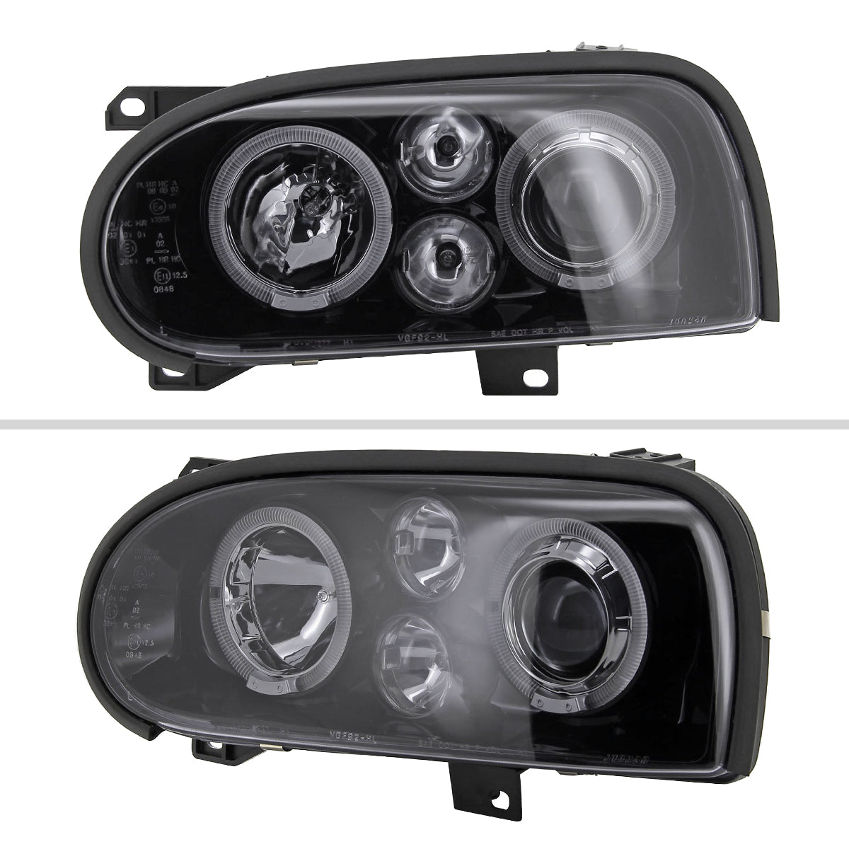 1993-1998 Volkswagen Golf Mk3/Cabrio Dual Halo Projector Headlights (Glossy Black Housing/Smoked Lens)