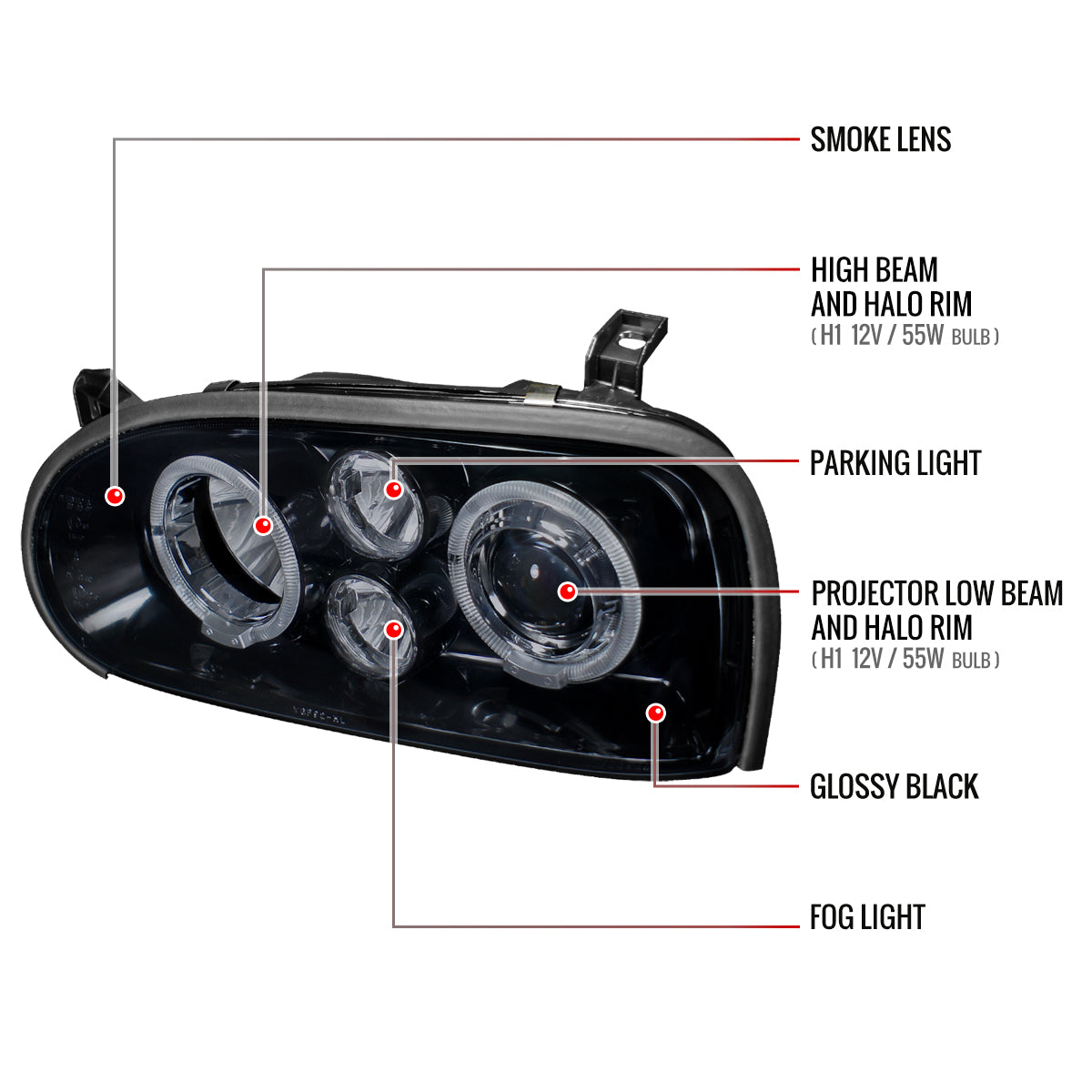 1993-1998 Volkswagen Golf Mk3/Cabrio Dual Halo Projector Headlights (Glossy Black Housing/Smoked Lens)