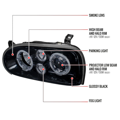 1993-1998 Volkswagen Golf Mk3/Cabrio Dual Halo Projector Headlights (Glossy Black Housing/Smoked Lens)