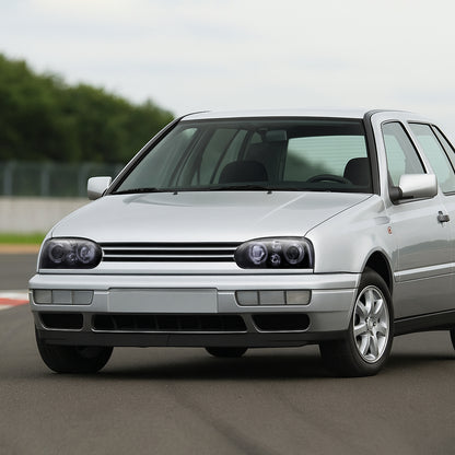 1993-1998 Volkswagen Golf Mk3/Cabrio Dual Halo Projector Headlights (Glossy Black Housing/Smoked Lens)