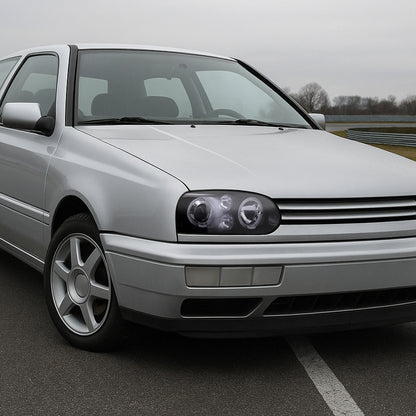 1993-1998 Volkswagen Golf Mk3/Cabrio Dual Halo Projector Headlights (Glossy Black Housing/Smoked Lens)