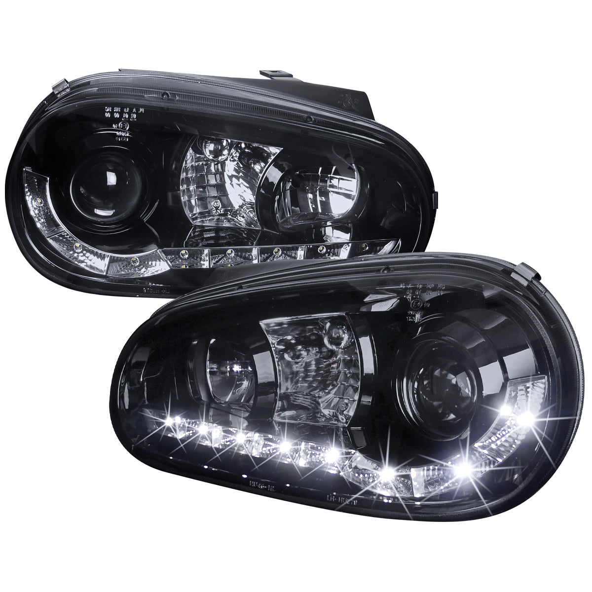 1999-2006 Volkswagen Golf Mk4 GTI/R32 Cabrio Projector Headlights w/ R8 Style LED Light Strip (Glossy Black Housing/Smoked Lens)