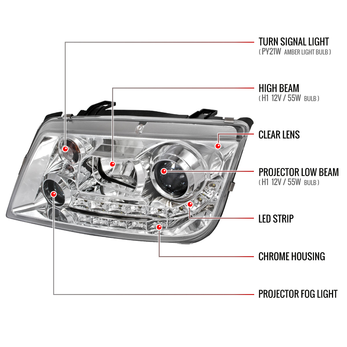 1999-2004 Volkswagen Jetta/Bora Projector Headlights w/ R8 Style LED Light Strip (Chrome Housing/Clear Lens)