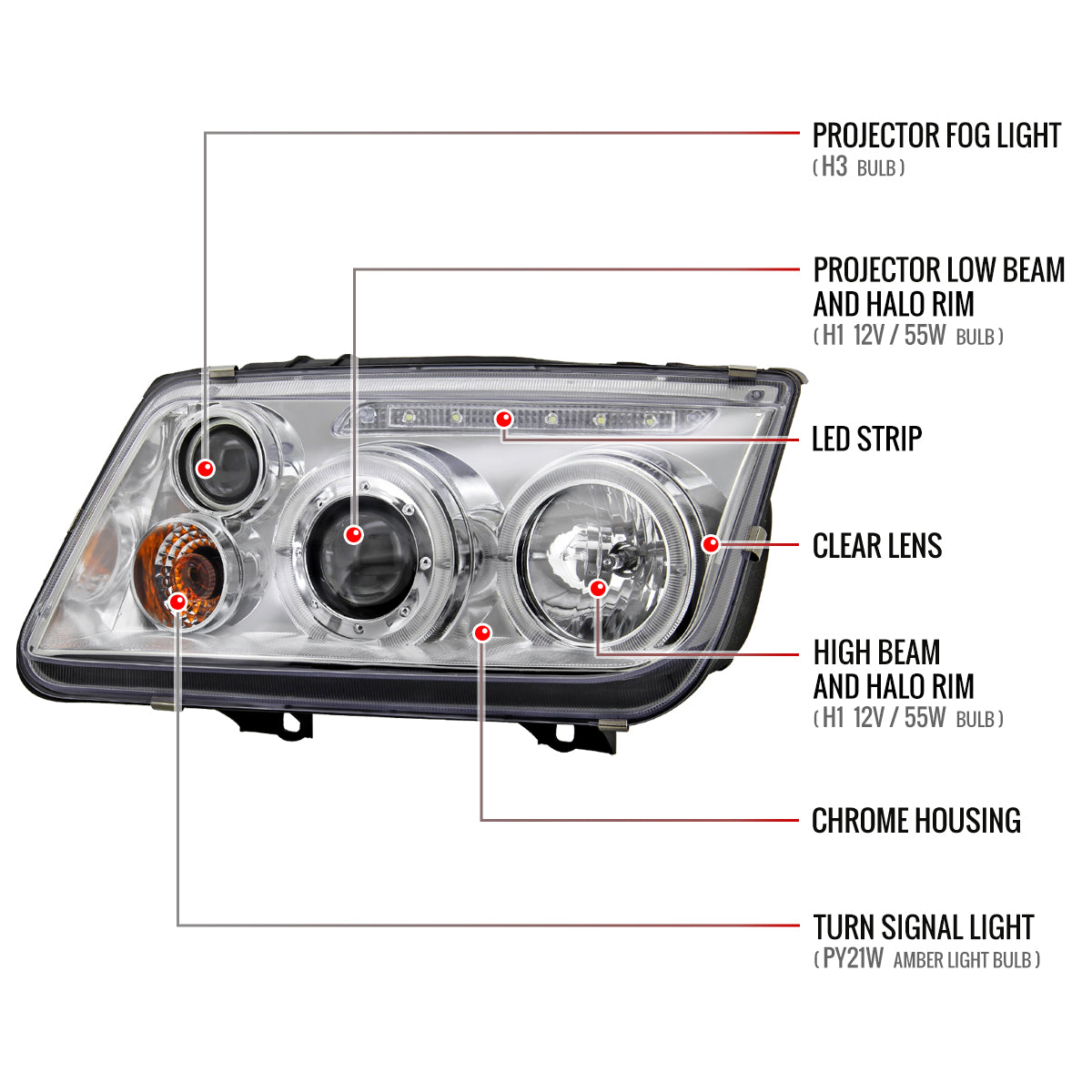 1999-2005 Volkswagen Jetta/Bora Mk4 Dual Halo Projector Headlights w/ LED Light Strip (Chrome Housing/Clear Lens)