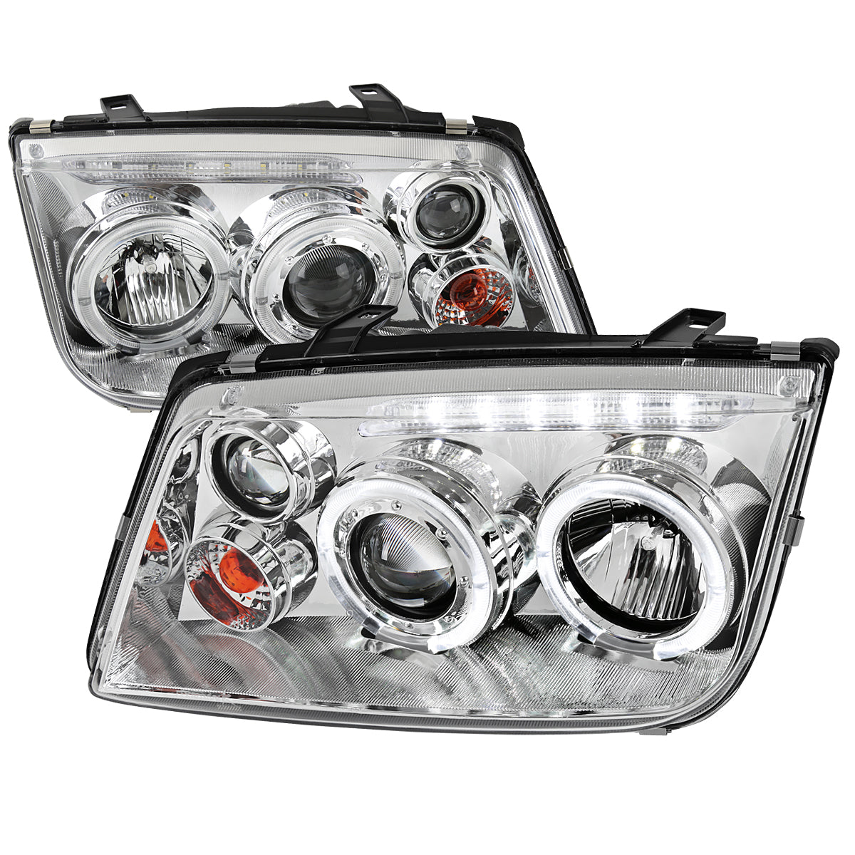 1999-2005 Volkswagen Jetta/Bora Mk4 Dual Halo Projector Headlights w/ LED Light Strip (Chrome Housing/Clear Lens)