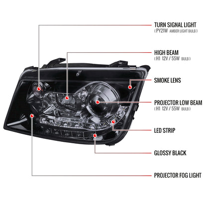 1999-2004 Volkswagen Jetta/Bora Projector Headlights w/ R8 Style LED Light Strip (Glossy Black Housing/Smoked Lens)