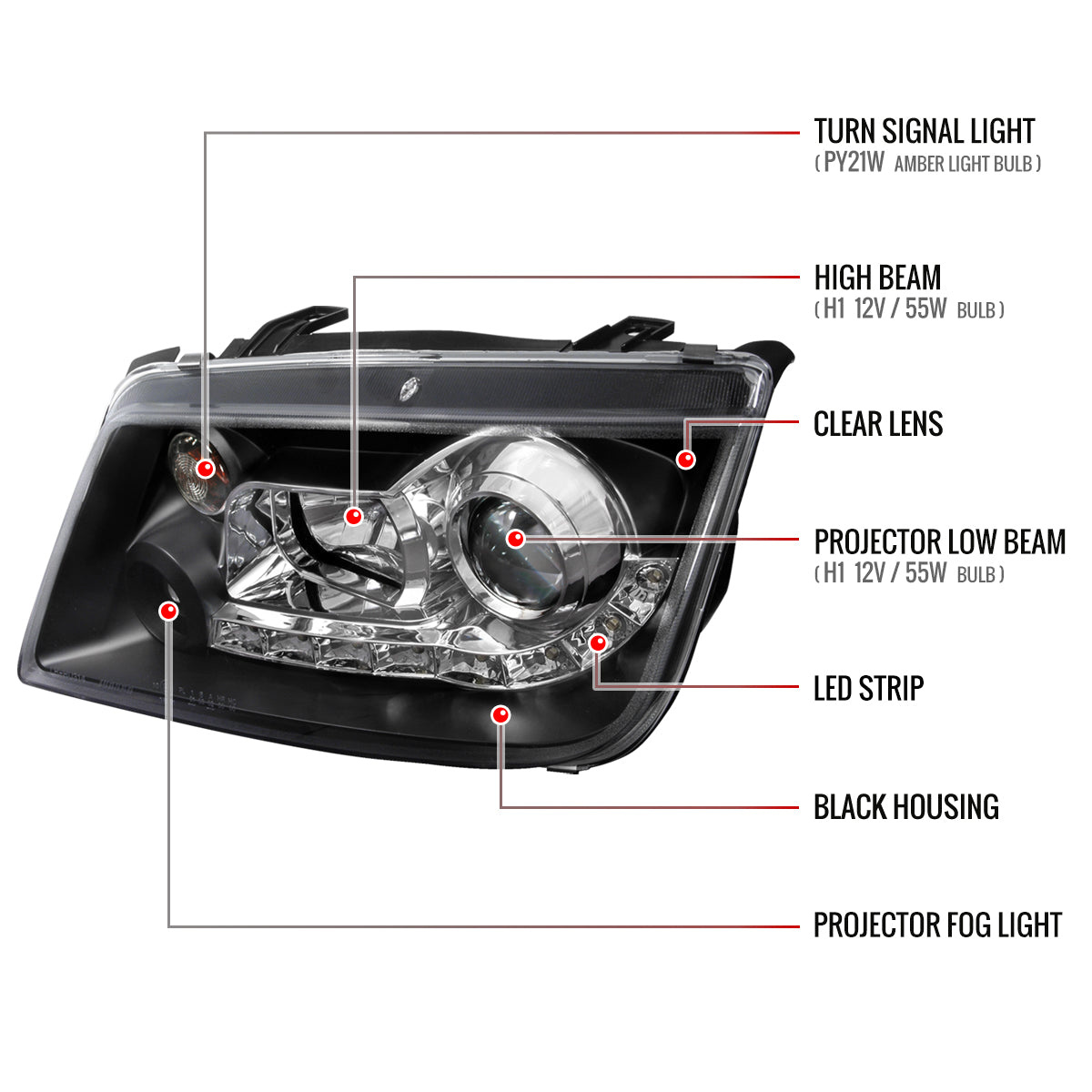 1999-2004 Volkswagen Jetta/Bora Projector Headlights w/ R8 Style LED Light Strip (Matte Black Housing/Clear Lens)