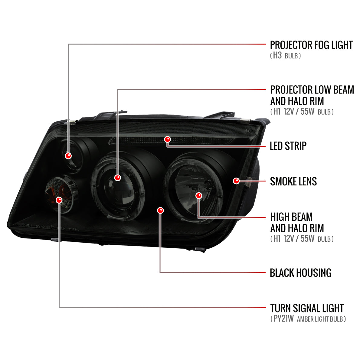 1999-2005 Volkswagen Jetta/Bora Mk4 Dual Halo Projector Headlights w/ LED Light Strip (Black Housing/Smoked Lens)