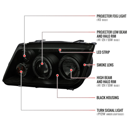 1999-2005 Volkswagen Jetta/Bora Mk4 Dual Halo Projector Headlights w/ LED Light Strip (Black Housing/Smoked Lens)