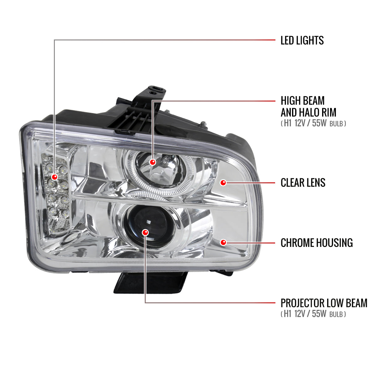 2005-2009 Ford Mustang Halo Projector Headlights w/ LED Light Strip (Chrome Housing/Clear Lens)