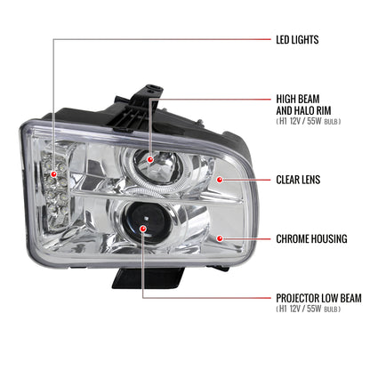 2005-2009 Ford Mustang Halo Projector Headlights w/ LED Light Strip (Chrome Housing/Clear Lens)