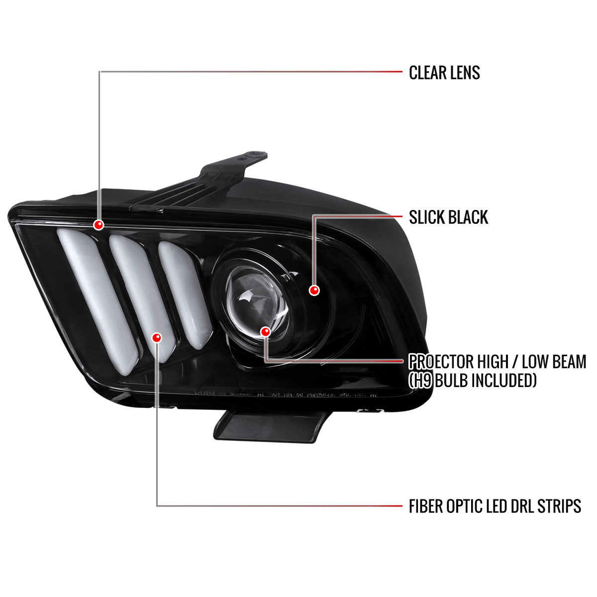 2005-2009 Ford Mustang LED Bar Projector Headlights (Jet Black Housing/Clear Lens)