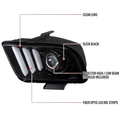 2005-2009 Ford Mustang LED Bar Projector Headlights (Jet Black Housing/Clear Lens)