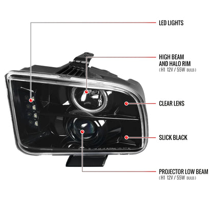 2005-2009 Ford Mustang  Halo Projector Headlights (Jet Black Housing/Clear Lens)