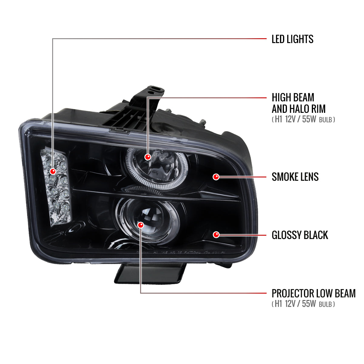 2005-2009 Ford Mustang Halo Projector Headlights w/ LED Light Strip (Glossy Black Housing/Smoked Lens)