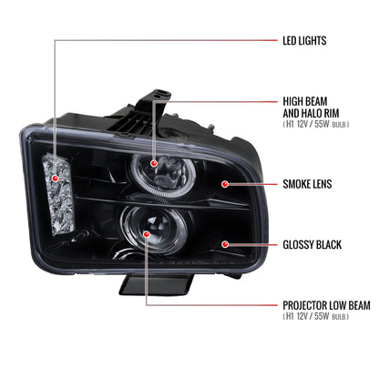 2005-2009 Ford Mustang Halo Projector Headlights w/ LED Light Strip (Glossy Black Housing/Smoked Lens)