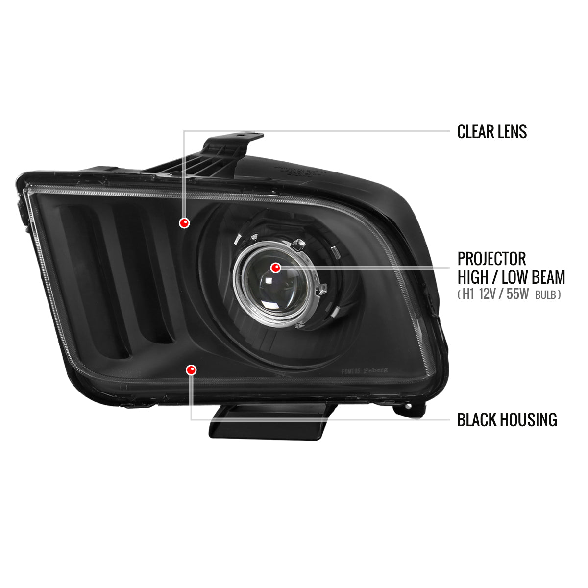2005-2009 Ford Mustang H1 Projector Headlights (Matte Black Housing/Clear Lens)