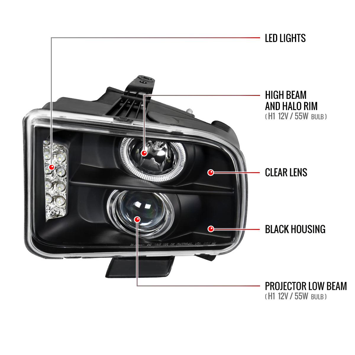 2005-2009 Ford Mustang Halo Projector Headlights w/ LED Light Strip (Matte Black Housing/Clear Lens)