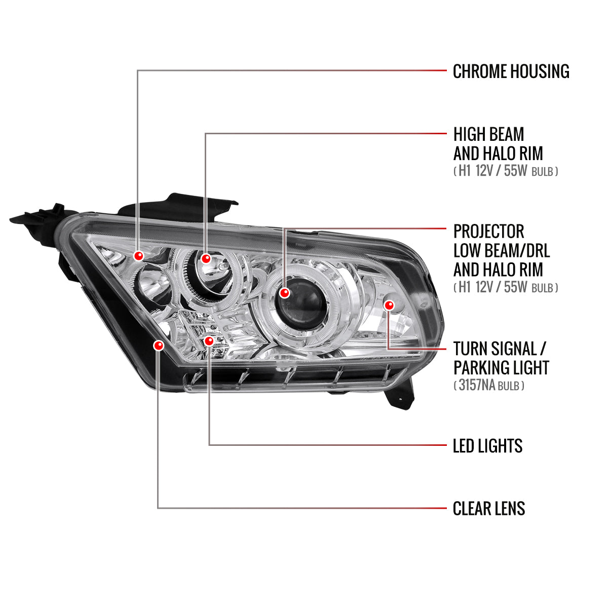 2010-2014 Ford Mustang Dual Halo Projector Headlights (Chrome Housing/Clear Lens)