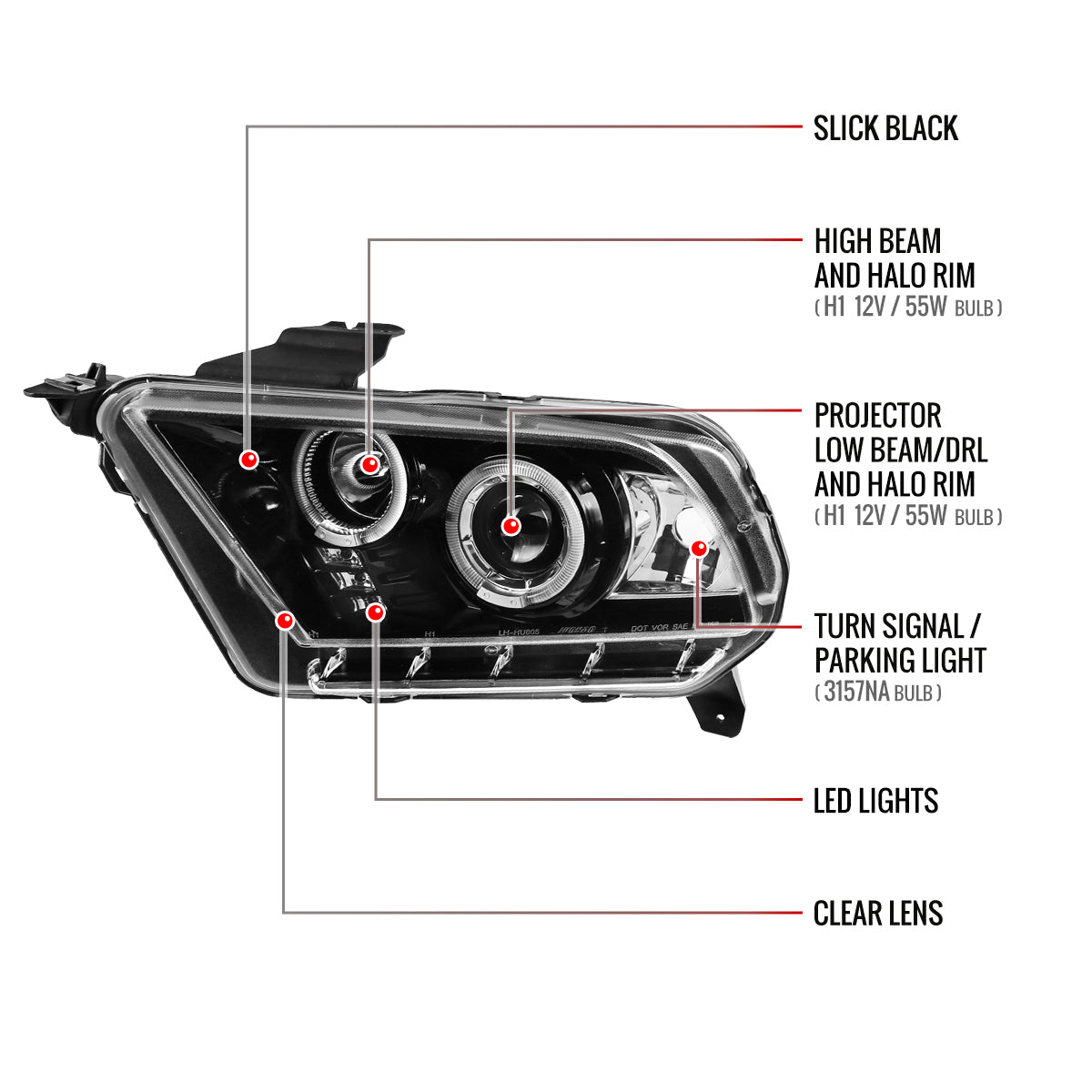 2010-2014 Ford Mustang Dual Halo Projector Headlights (Jet Black Housing/Clear Lens)