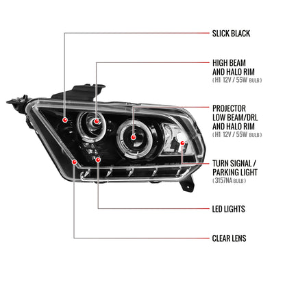 2010-2014 Ford Mustang Dual Halo Projector Headlights (Jet Black Housing/Clear Lens)